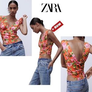 Zara red pink green rose floral flower tropical ruched draped bodysuit Sz S NWT